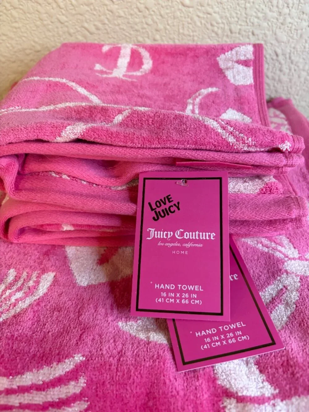 Juicy Couture Love Juicy Pink Bow Lip Print Heart Bath Hand Towel Set 4PC NWT